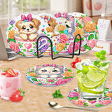 Bowetile 6PCS Flowers Diamond Art Painting Coasters Kit with Holder, Cat Diamond Art Kits for Adults Beginners, Dog Gem Art Kits for Adults, Arts and Crafts Kits for Adults for Home Decor Bowetile