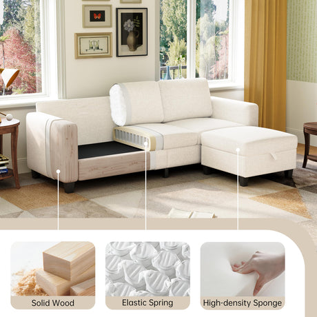 Lonkwa Sectional Sofa Couches for Living Room, 78'' Beige 3 Seater L-Shaped Couch with Storage Ottoman, Comfy Fabric Convertible Sectionals Sofas with Chaise for Apartment, Office, Small Space Lonkwa