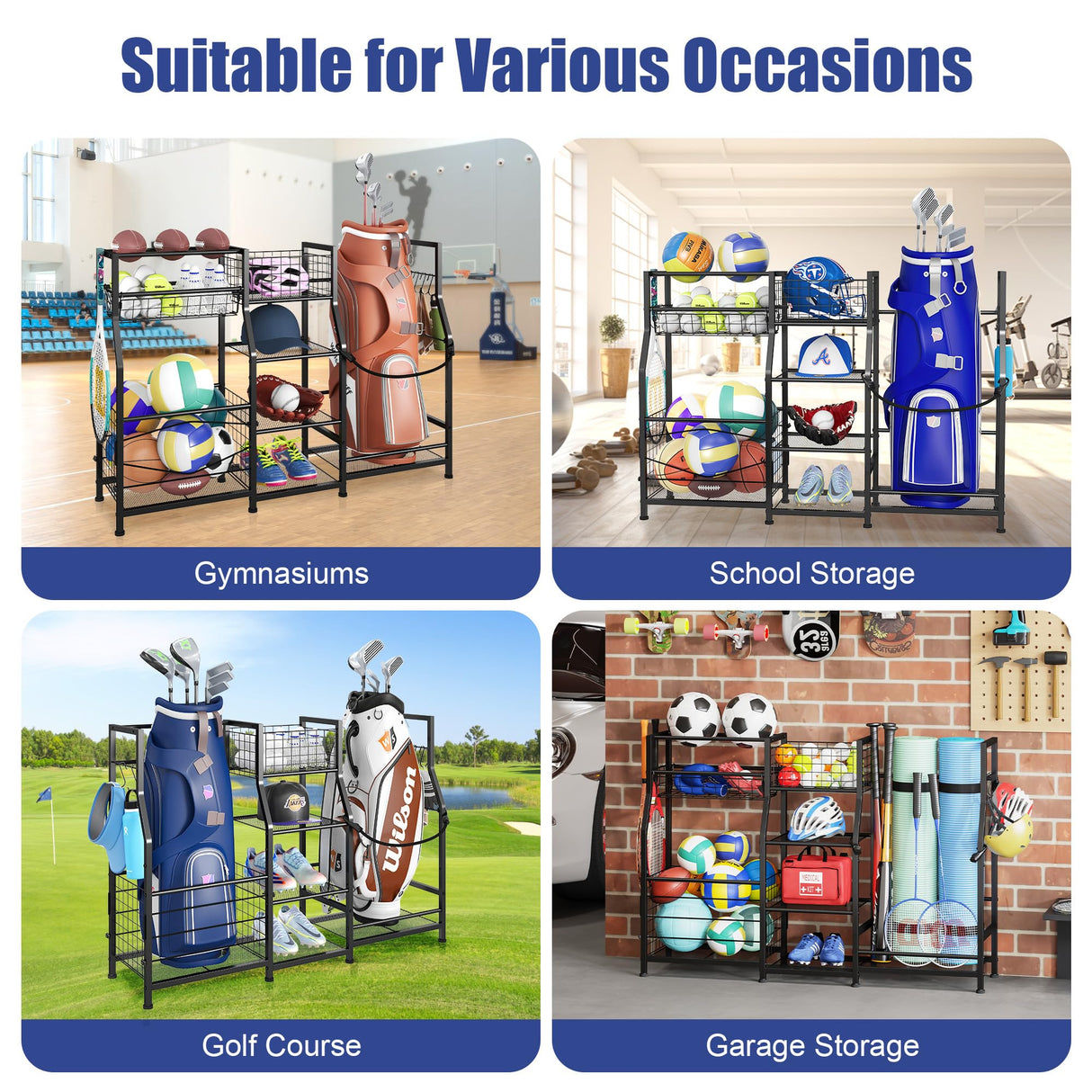 Sports Equipment Organizer Golf Bag Stand Golf Storage Organizer for Garage with Basket and Hooks, Storage Rack for 2 Golf Bag,Two Assembly Methods Sonyabecca