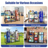 Sports Equipment Organizer Golf Bag Stand Golf Storage Organizer for Garage with Basket and Hooks, Storage Rack for 2 Golf Bag,Two Assembly Methods Sonyabecca