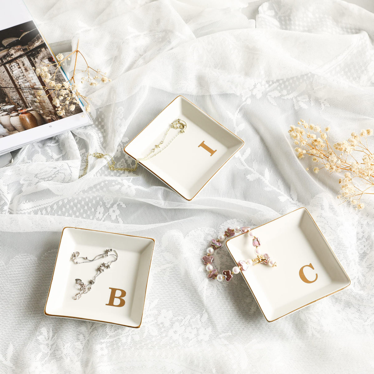 COLLECTIVE HOME - Ceramic Jewelry Tray, Monogram Decorative Trinket Dish for Rings Earrings Necklaces Bracelet Watch Keys, Birthday Mother's Day Christmas Gift for Women, 4" x 4" (B) COLLECTIVE HOME