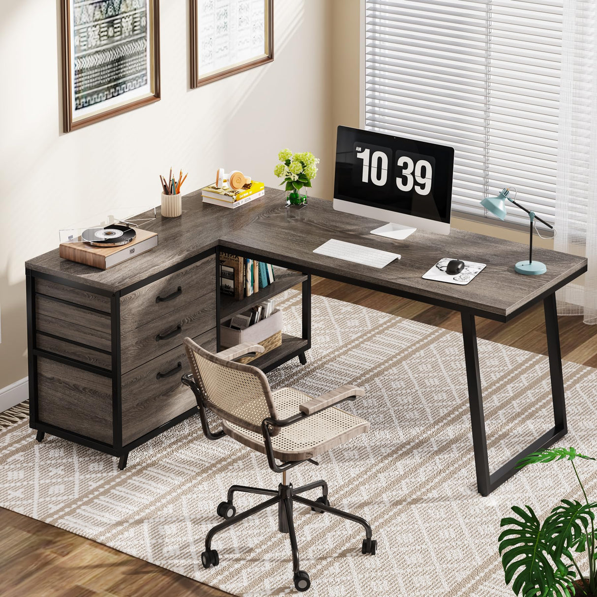 Tribesigns L-Shaped Desk with 3 Drawers, Reversible Corner Home Office Computer Desk with Shelves, 53-Inch Industrial PC Desk Study Writing Table Workstation for Small Space, Grey Tribesigns
