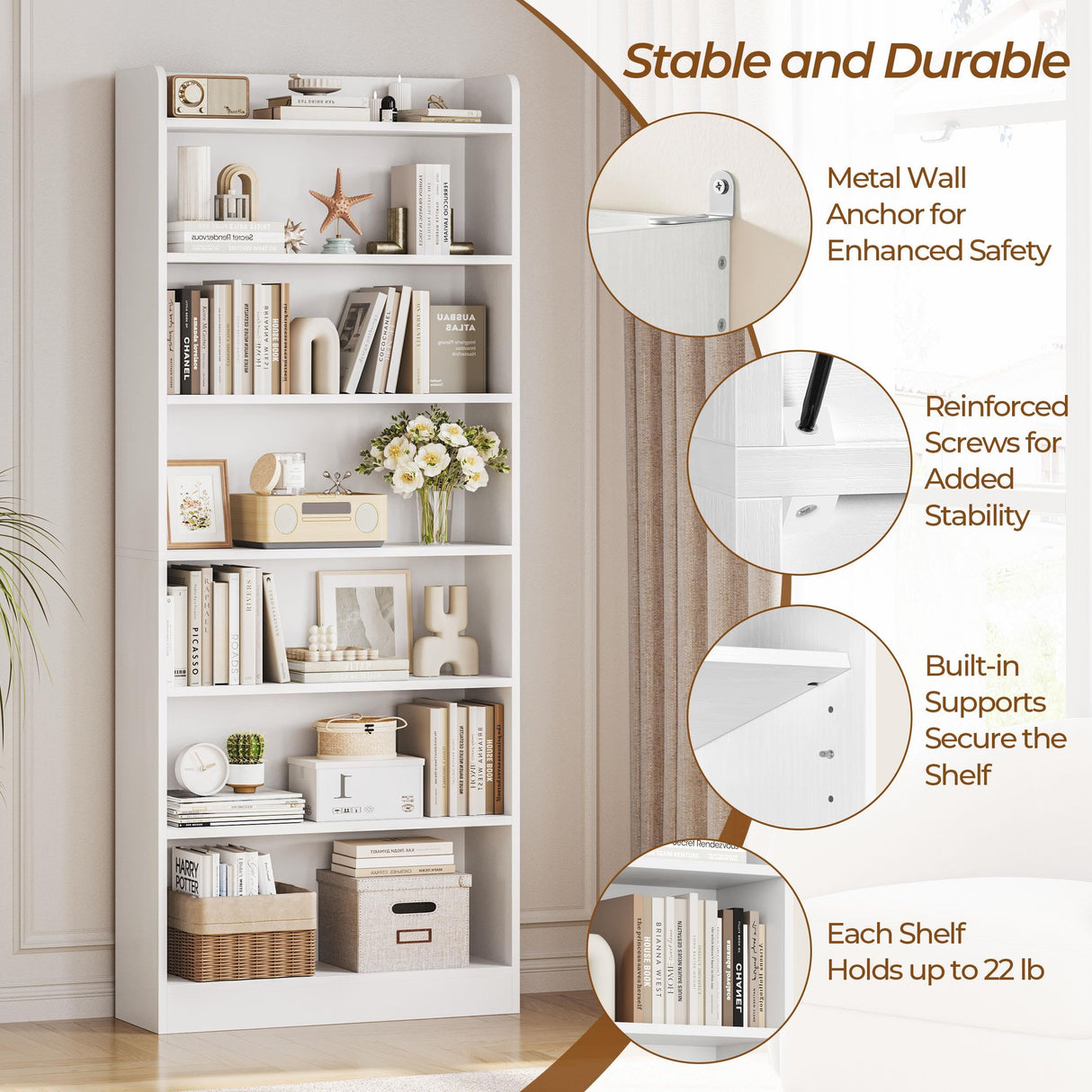 Yaheetech 7-Tier Open Bookcase and Bookshelf, Modern Simple Floor Standing Display Storage Shelves with Top Open Compartment for Home Office, Living Room, Bed Room - White Yaheetech