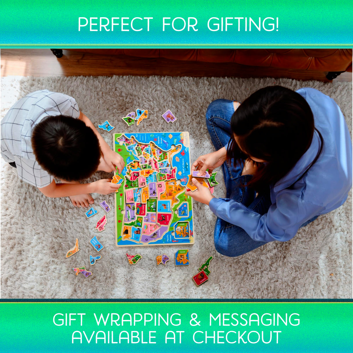 Montessori Mama Wooden USA Map Puzzle and World Continents and Oceans Map Puzzle (USA Map Puzzle) Montessori Mama