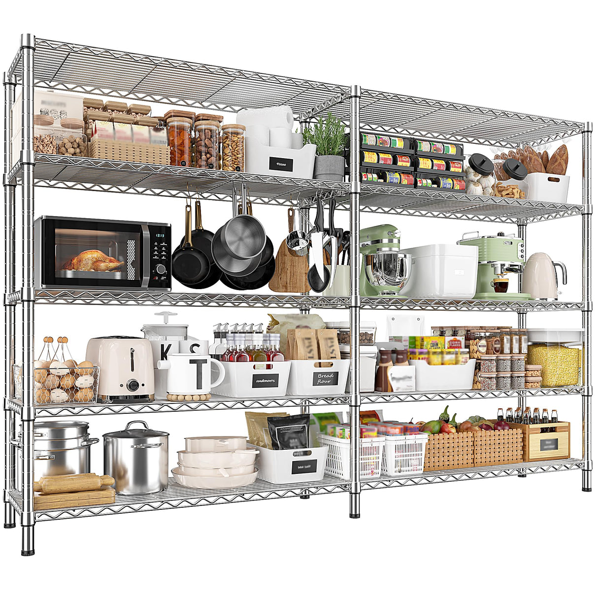 REIBII 70" W Wire Shelving Load 1500LBS, Metal Shelving 5-Tier Storage Shelves Metal Shelves for Storage Adjustable Shelving Rack for Pantry Kitchen Commercial School 70" W*15.8" D*72.4" H,Chrome REIBII