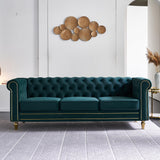 Homtique 84" Modern Green Velvet Chesterfield Sofa, 3-Seater, Button Tufted, Rolled Arms, Gold Legs Homtique
