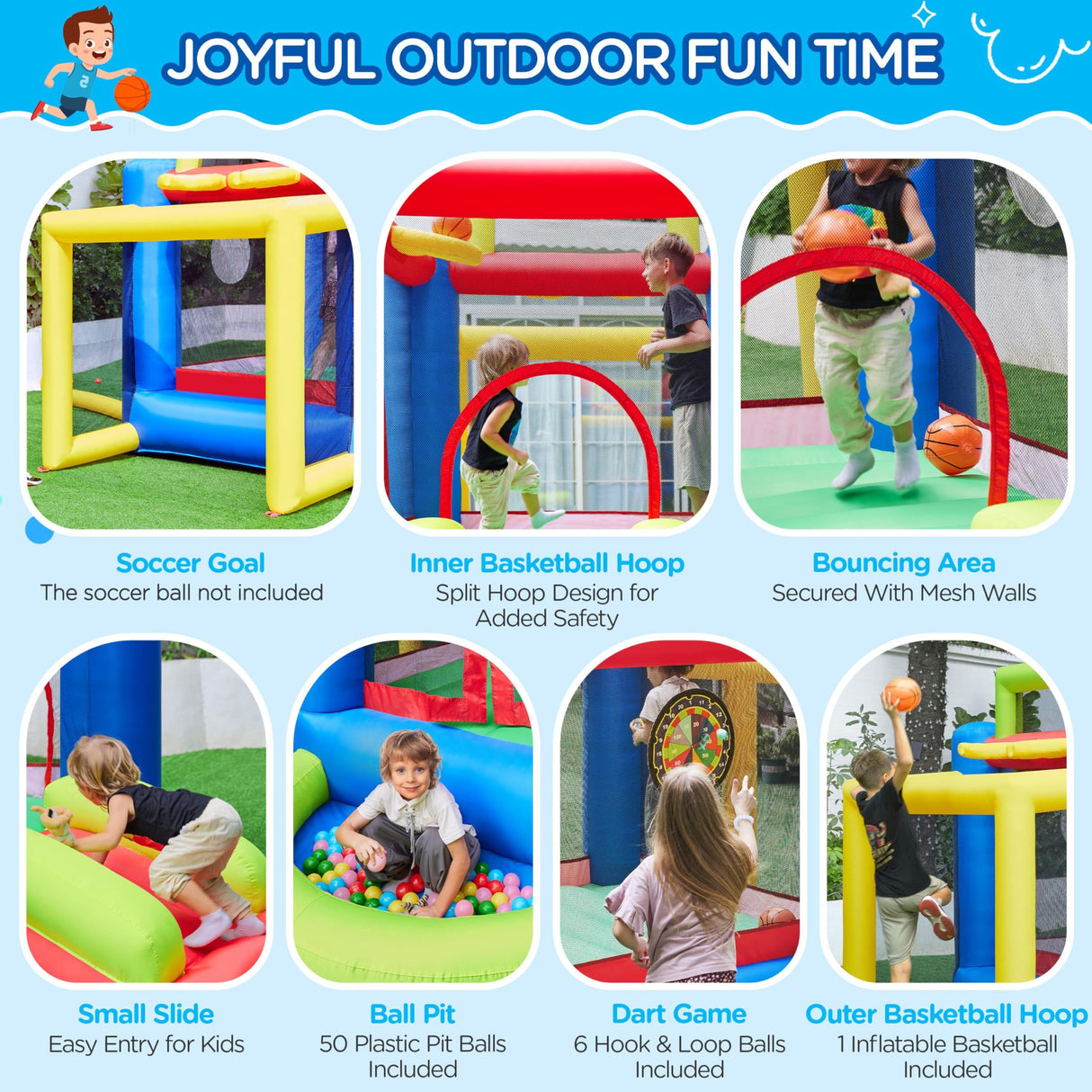 Yaheetech Inflatable Bounce House, 7-in-1 Bouncy Castle Combo w/Ball Pit & 3 Basketball Hoops & Soccer Goal & Dartboard & Slide, for Kids Aged 3-10 w/Storage Bag & 470W Blower Yaheetech