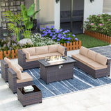 ASJMR Outdoor Patio Furniture Set with Fire Pit Table, 10 Pieces Outdoor Furniture Set Patio Sectional Sofa w/43in Propane Fire Pit, PE Wicker Rattan Patio Conversation Sets - Brown ASJMR