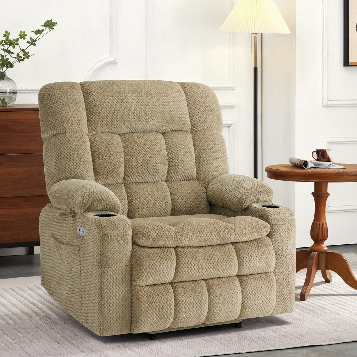 MCombo Dual Motor Power Lift Recliner Chair for Elderly, Lay Flat Lift Chair with Heat and Massage, Extra Wide Lift Recliner for Big People, Cup Holders, Fabric R7897 (Medium-Wide, Beige) MCombo