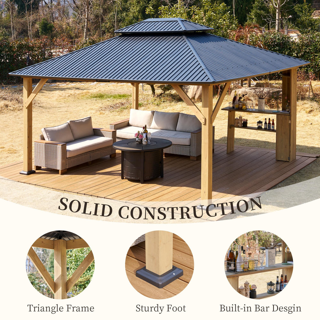 LUXOAK 13' x 15' Hardtop Gazebo,Aluminum Frame Outdoor Gazebo with Iron Roof Double Roof, Wood Gazebo for Patio, Backyard, Lawns, Parties, Black LUXOAK