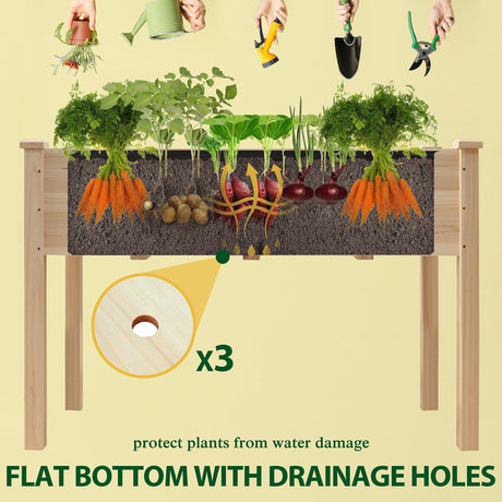VEIKOU Raised Garden Bed, Planter Box with Liner, Drainage Holes, Outdoor Raised Garden Bed with Legs for Vegetable Flower Herb, 220 lbs Capacity, Natural Wood VEIKOU