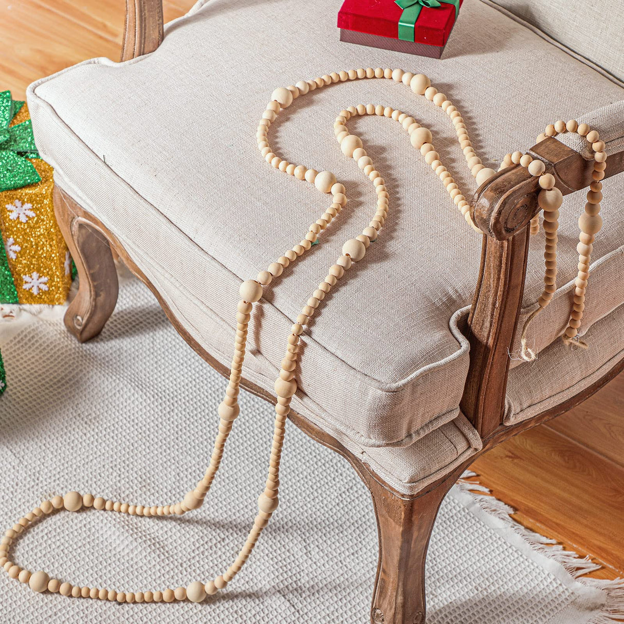 Yinder 4 Pcs 48 Feet Christmas Wooden Beaded Garland 11.8 ft Christmas Tree Garland Beads Farmhouse Rustic Wall Hanging Decor Boho Hanging Decorations for Xmas Holiday Mantel Home Party(Natural) Yinder