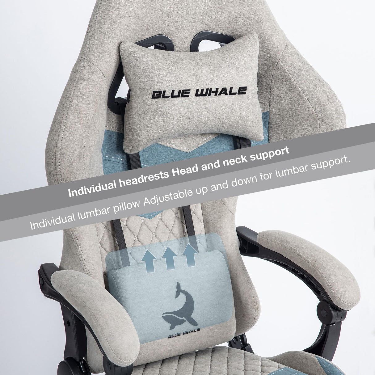 Blue Whale Gaming Chair for Adult 350lbs Computer Chair with Adjustable Lumbar Support Headrest and Footrest Large Size Reclining Gaming Chair Big and Tall Linkage Armrest Computer Chair Grey Blue Whale