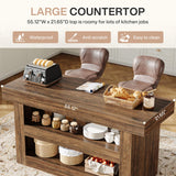 Tribesigns 55-Inch Kitchen Island with Storage, Farmhouse 3-Tier Stationary Island Table with Large Countertop, Wooden Coffee Bar Table Storage Cabinet for Kitchen, Dining Room, Living Room, Brown Tribesigns