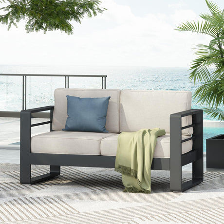 Christopher Knight Home Dessa Patio Loveseat, Aluminum Couch, 2 Seater Sofa, Stable Aluminum Frame Armchair, Spacious Seating, Outdoor Loveseat with Cushions for Backyard Garden Balcony, Black+Beige Christopher Knight Home