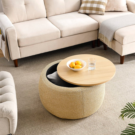 YICORPS Modern Round Storage Ottoman with Wooden Top,Handmade Luxury Pleated Circle Fabric Storage Ottoman Coffee Table,End Table & Footstool for Living Room（Natural） YICORPS