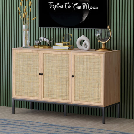 Yechen Sideboard Storage Cabinet with 3 Handmade Natural Rattan Doors, Rattan Cabinet Buffet Table Accent Credenza Console Cupboard, for Living Room Dining Room Entryway Kitchen Yechen