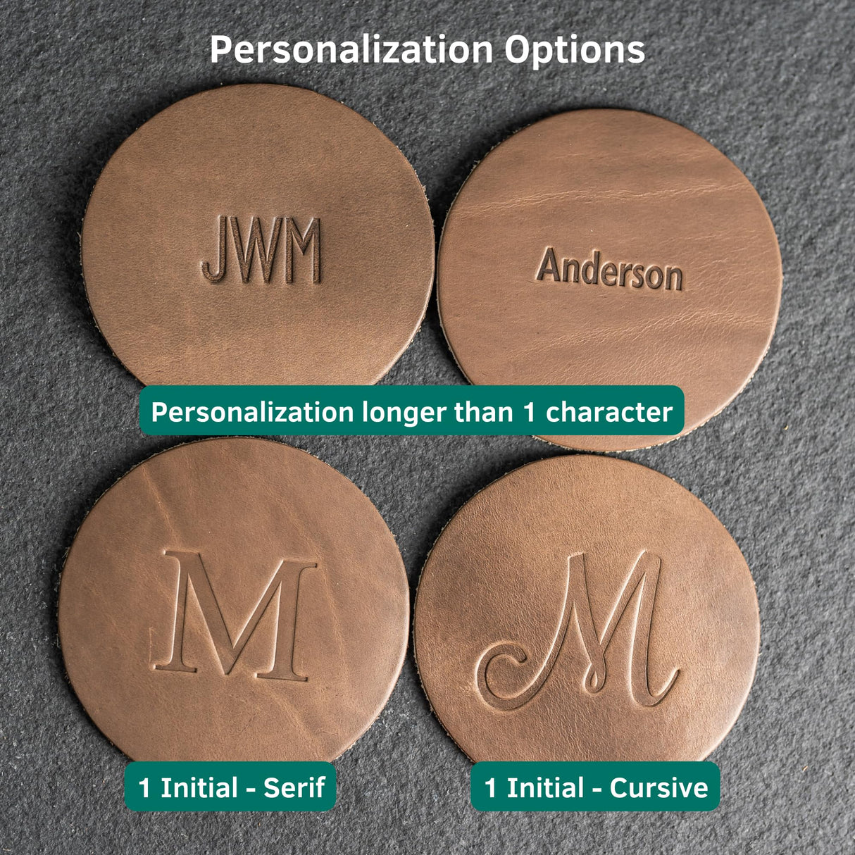 Ox & Pine Personalized Leather Coaster 4 pk - Customize Inscription- 100% Full-Grain Leather – 4" Round or 4" Square – (Stone Natural, Square) Ox & Pine