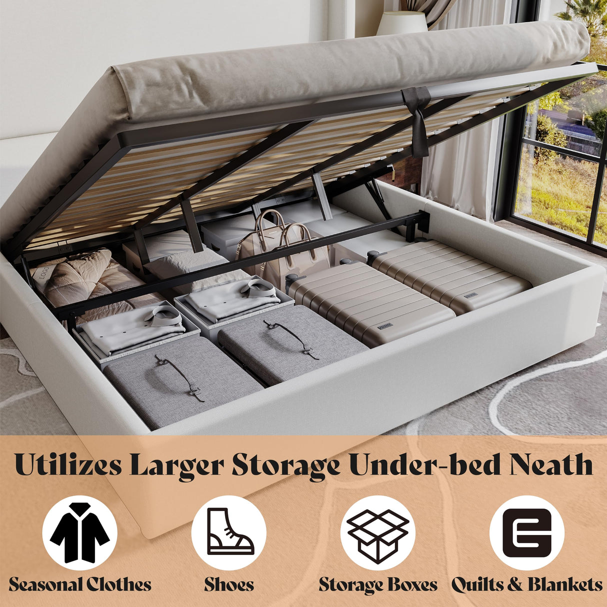 AMERLIFE Lift Up Storage Bed King Size Linen Upholstered Platform Bed Frame, Hydraulic Storage,Modern Wingback Headboard, No Box Spring Needed, White AMERLIFE