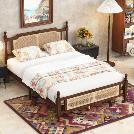 Ball & Cast Queen Traditional Pine Wooden Platform Bed with Rattan Headboard and Footboard,Bed Frame w/Central Enhanced & Underbed Storage Space,Slat Support,for Apartment,Bedroom,Walnut Ball & Cast