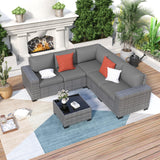 Poteban 6 Pieces Patio Furniture Set, Wide Arm Outdoor Patio Sectional Couch Set, All Weather Wicker Rattan Conversation Set w/Cushions and Glass Table and Waterproof Cover, Grey & Grey Poteban