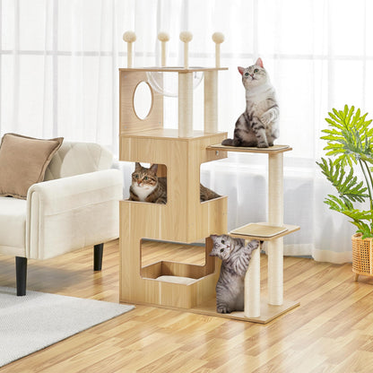 Yaheetech Wooden Cat Tree, 53in Modern Cat Tower for Indoor Cats with Scratching Posts Washable Detachable Cushion, Clear Bowl & Teasing Balls, Multi-Level Heavy Duty Cat Condo Furniture for  - WoodArtSupply