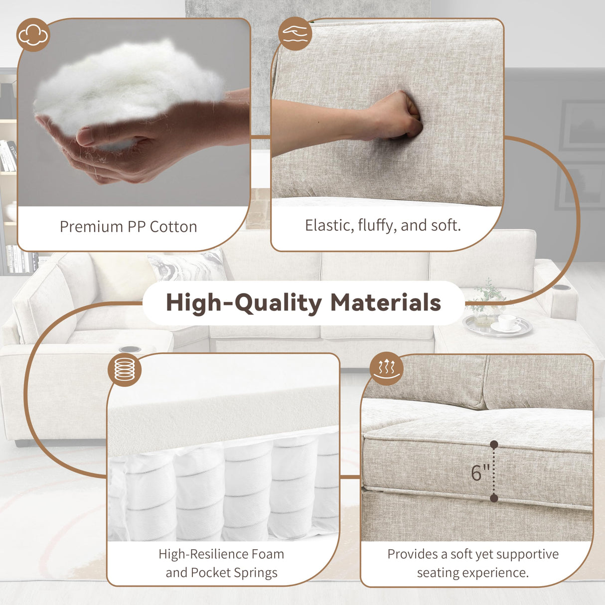 Merax Modern Oversized U-Shaped Sectional Sofa with Cup Holders & Chaise Lounge, Chenille 6-Seat Couch Set Sleeper Bed with Deep Seat Beige Merax