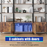 Nosepen Triple Wide 5 Tier Tall Arched Bookshelf and Bookcase with 3 Cabinets, Industrial Metal Etagere Open Bookshelf, Rustic Wood Standing Book Shelf with Black Metal Frame for Bedroom Living Room Nosepen