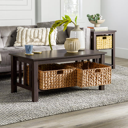 Walker Edison Alayna Mission Style Two Tier Coffee Table with Rattan Storage Baskets, 40 Inch, Espresso - WoodArtSupply