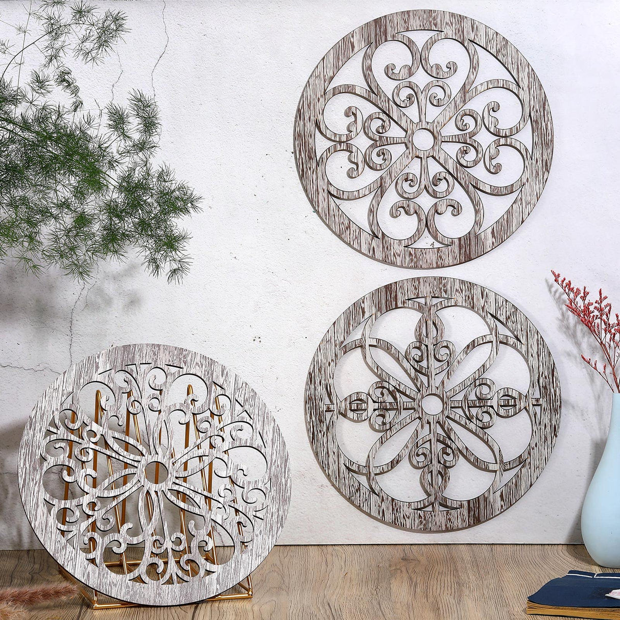Yulejo 4 Pcs Thicken Rustic Wall Decor Farmhouse Wall Art Wooden Hollow Carved Design Decor Rustic Round Wall Art for Living Room Bedroom Hallway Decor Kitchen Wall (Retro White,9.8 x 9.8 Inch) Yulejo