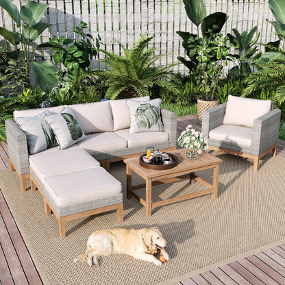 Sophia & William Outdoor Patio Furniture Sets, 5-Piece All-Weather Patio Conversation Set, High Back Wicker Rattan Setional Sofa with Large Single Sofa Chairs, Ottomans & Wooden Coffee Table (Beige)