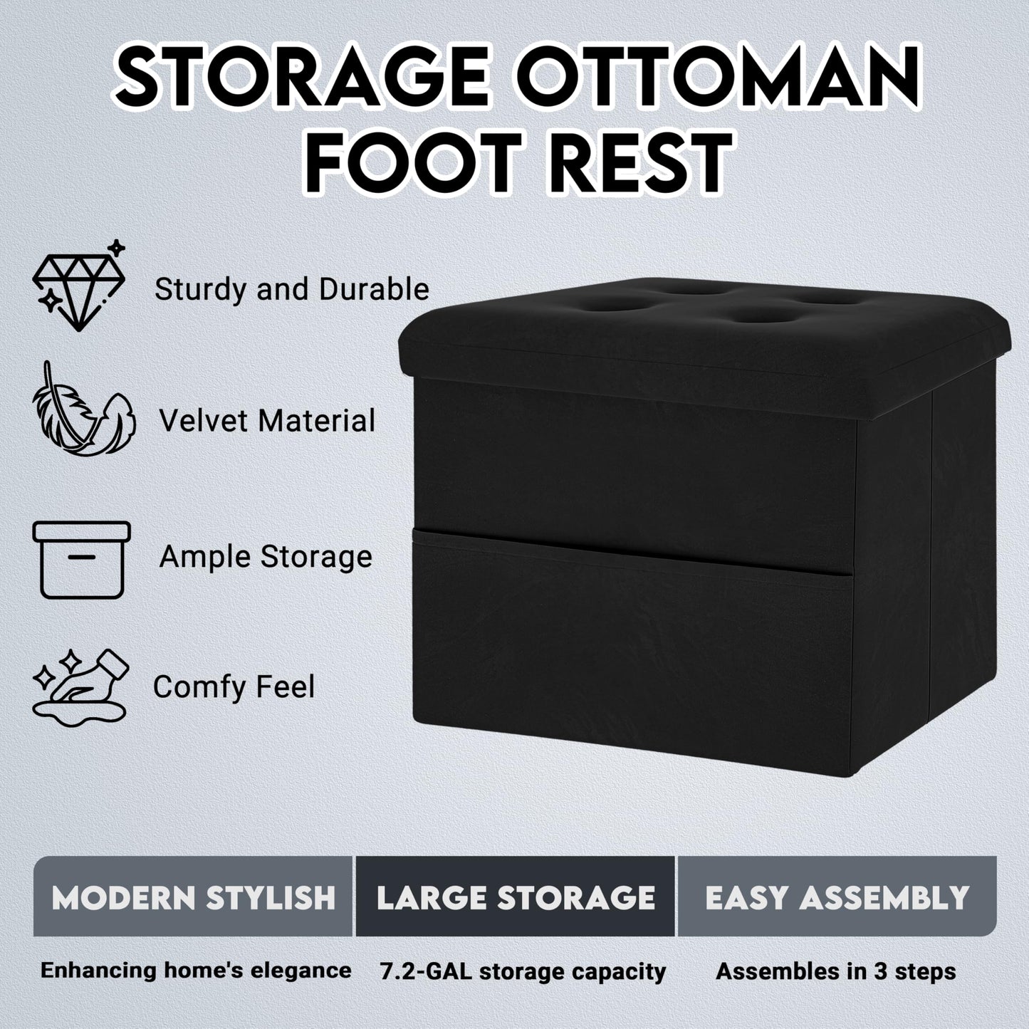 ZOES HOMEWARE Small Storage Ottoman Foot Rest, Velvet Ottoman with Storage and Side Pocket, Black Foot Rest for Couch, Foldable Footstool Ottoman for Chair,Living Room&Dorm, 16"x12"x12" Black