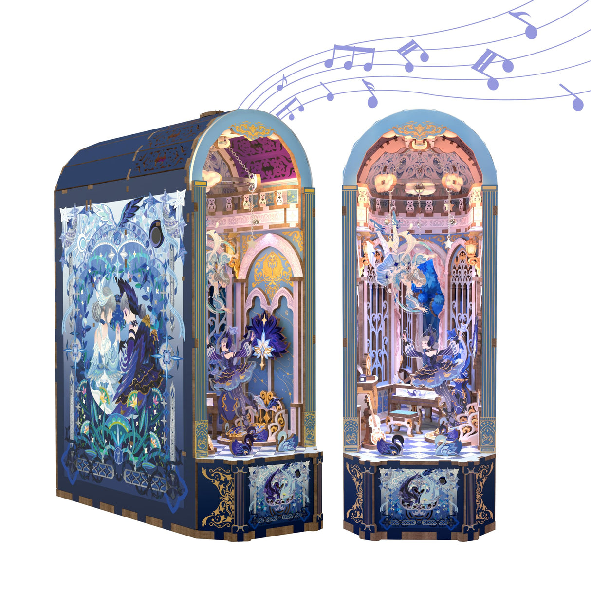 Tonecheer DIY Book Nook Kit for Adults, Wooden 3D Puzzle Music Box Bookend Bookshelf Insert Decor, Automatic Rotation Booknook Miniature House Kit with Dust Cover and LED Light (Swan Dream) Tonecheer