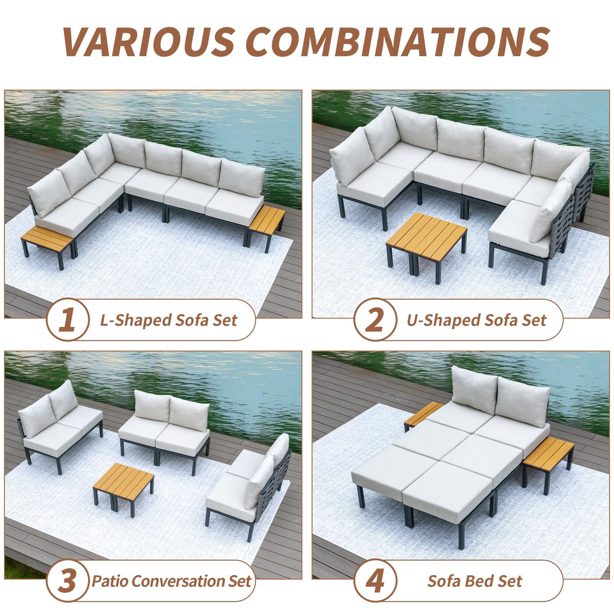 PIZZELLO 8 Pieces Patio Furniture Set Metal All Weather Outdoor Sectional Patio Sofa Seating Couch with 6" Thick Cushions and 2 Coffee Tables (Beige) PIZZELLO