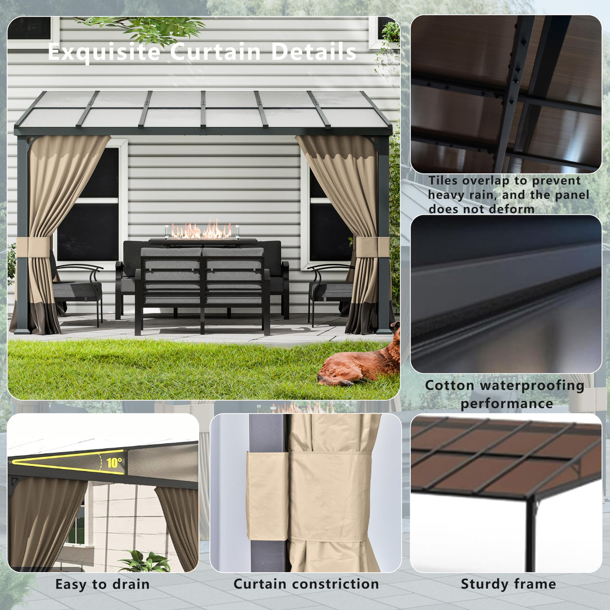 ASJMR 10x12FT Gazebo, Hardtop Wall Mounted Gazebo with Sloping Sun Panel Roof, Awnings for Patio with Metal Frame, Double Curtains for Garden, Lawn, Backyard Deck, Sand ASJMR