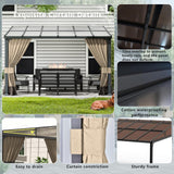 ASJMR 10x12FT Gazebo, Hardtop Wall Mounted Gazebo with Sloping Sun Panel Roof, Awnings for Patio with Metal Frame, Double Curtains for Garden, Lawn, Backyard Deck, Sand ASJMR