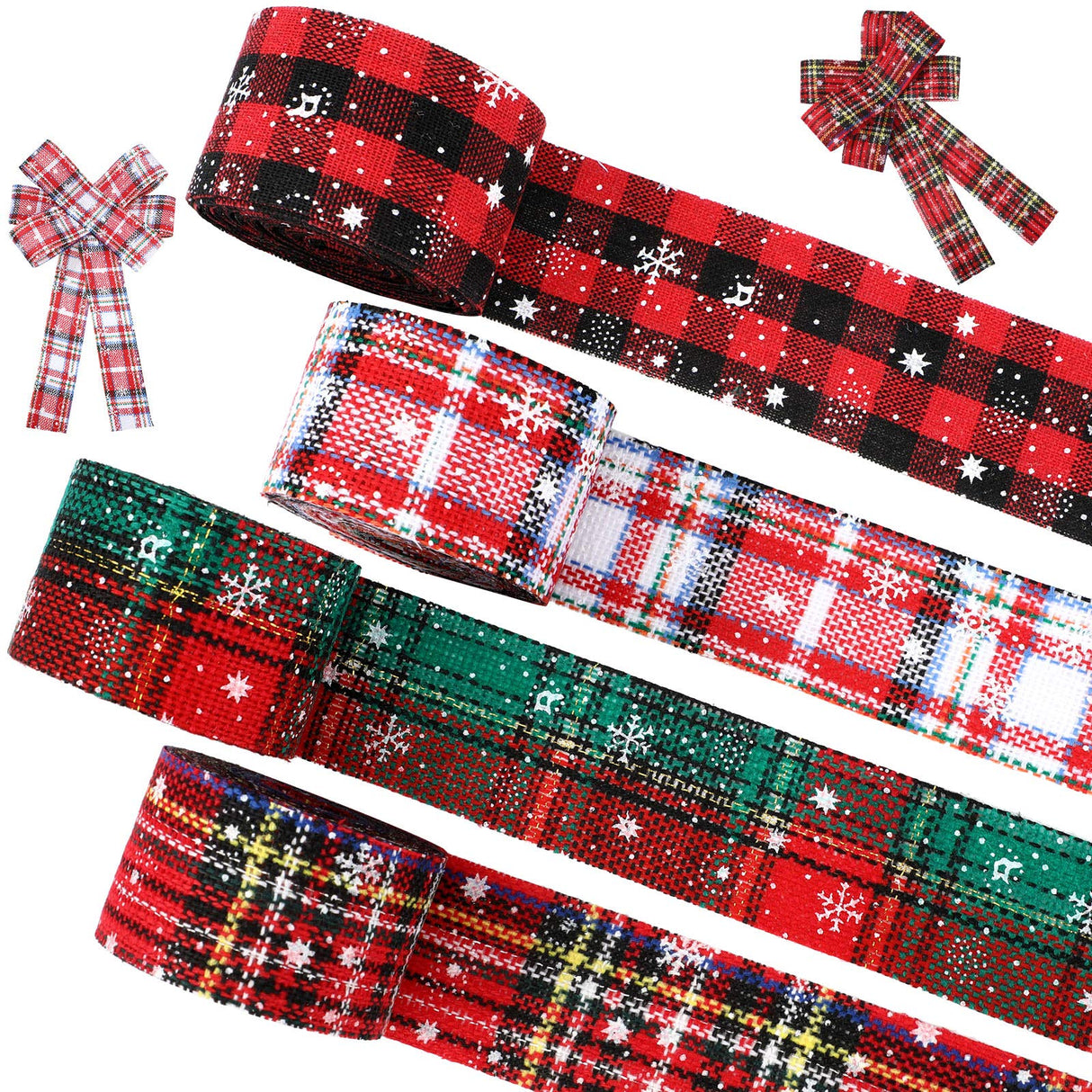 4 Rolls Christmas Plaid Ribbon - Snowflake Plaid Burlap Ribbon for Christmas Tree Wrapping, 24 Yards (1.6 Inch) WILLBOND