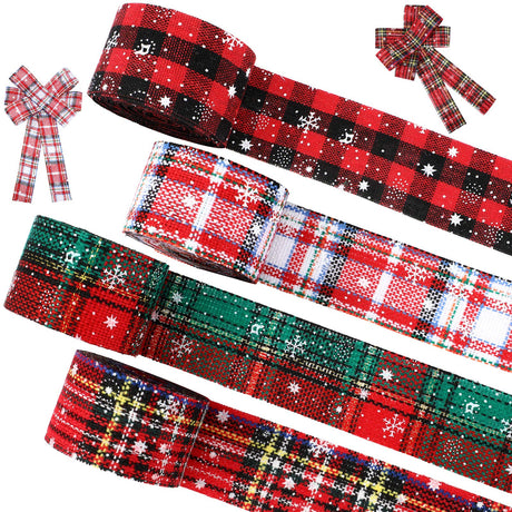 4 Rolls Christmas Plaid Ribbon - Snowflake Plaid Burlap Ribbon for Christmas Tree Wrapping, 24 Yards (1.6 Inch) WILLBOND