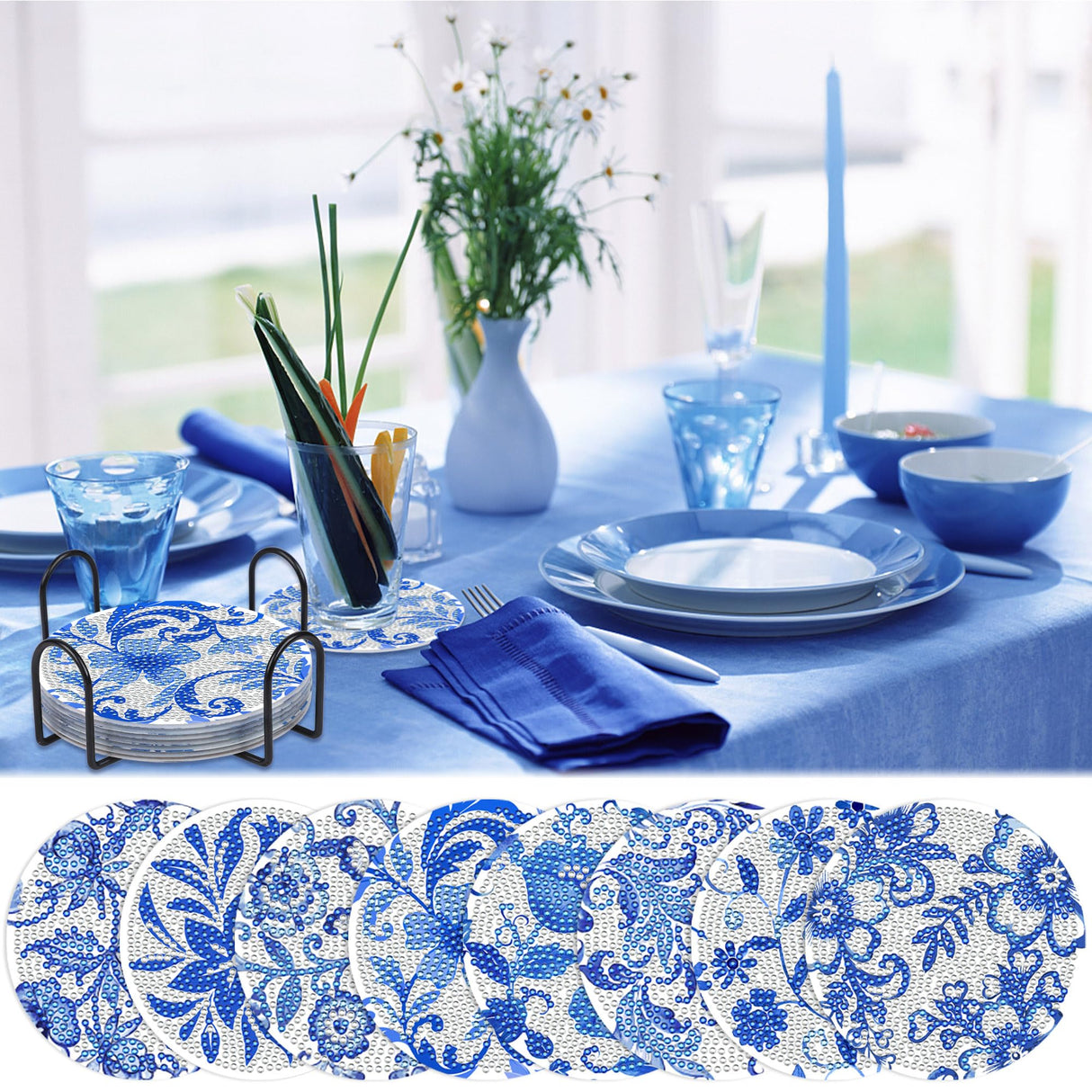 Diamond Art Coaster Blue Flower Diamond Painting Kits 5D DIY Acrylic Diamond Coasters with Cork Base and Holder for Adults DIY Craft, 8 PCS Augisteen