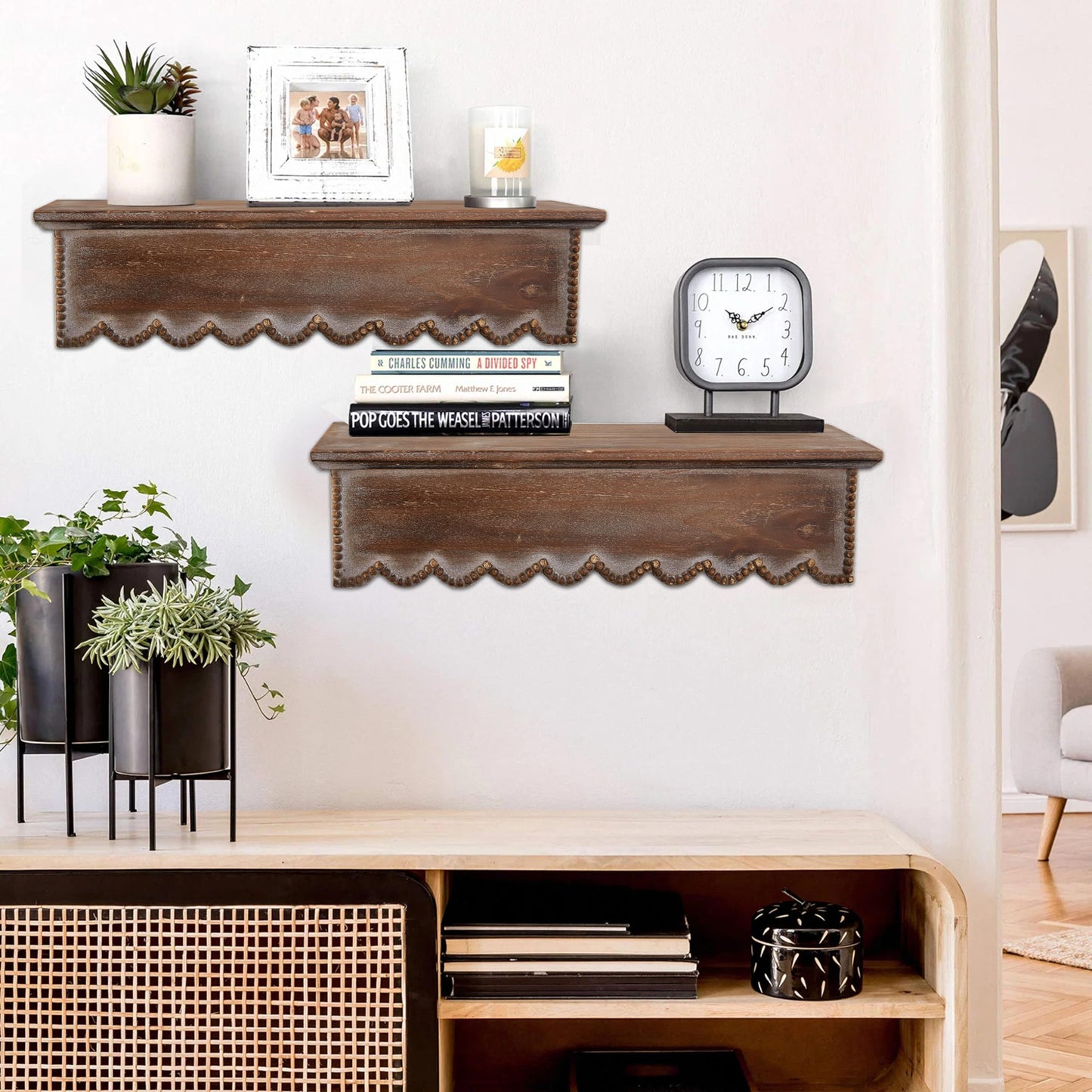 SOFE Wood Scalloped Decorative Wall Shelf, Bedroom Bathroom Kitchen Shelving Wall Mounted Heavy Duty, Farmhouse Floating Storage Shelves Small Hanging Shelves Display Book Picture Ledge Shelf