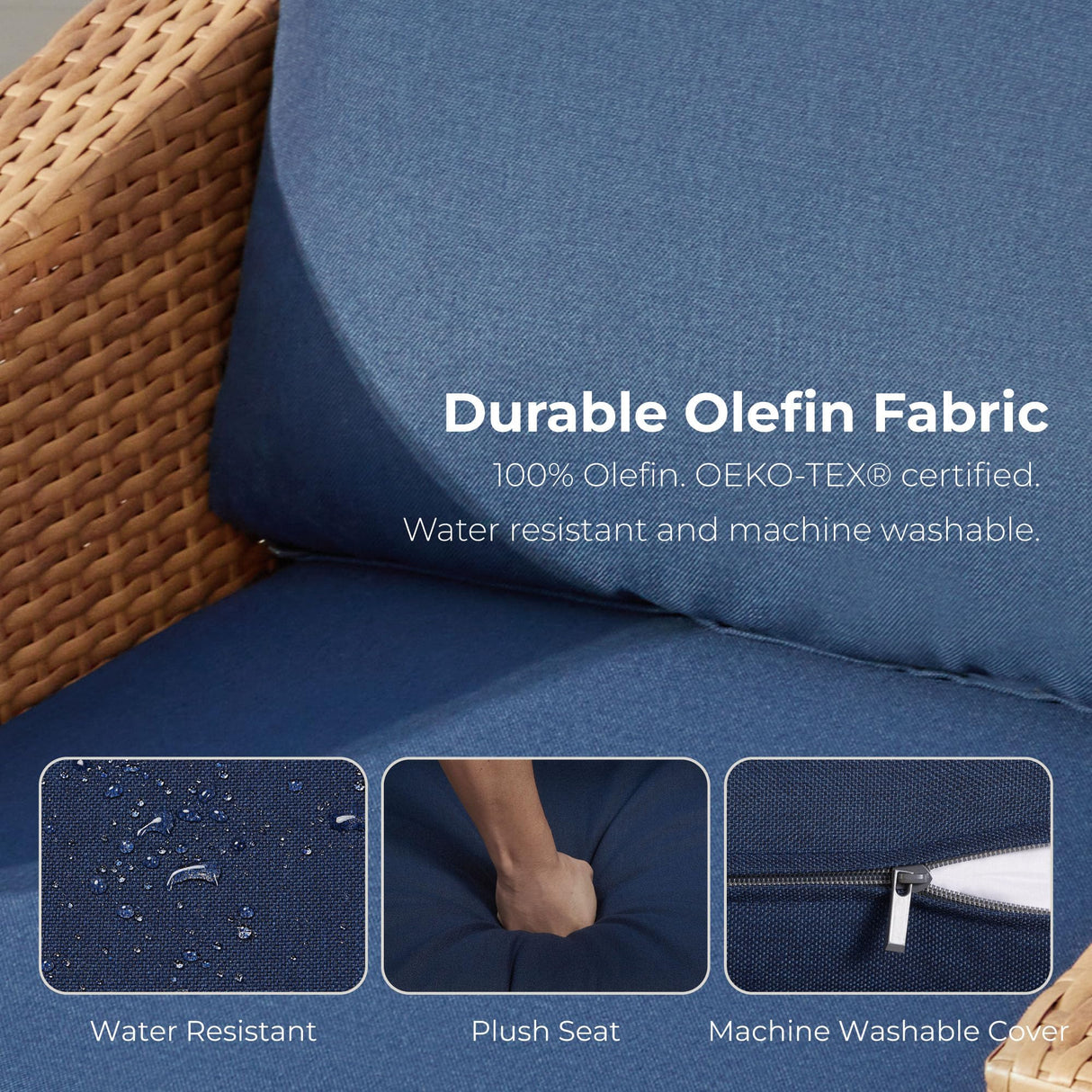 CHITA 5 Pieces Wicker Patio Furniture Set, Outdoor Conversation Set with 2 Pieces Rattan Swivel Chairs, 2 Pieces Ottomans, Thickened Cushions and Side Table, Blue Cushions with Brown Wicker CHITA