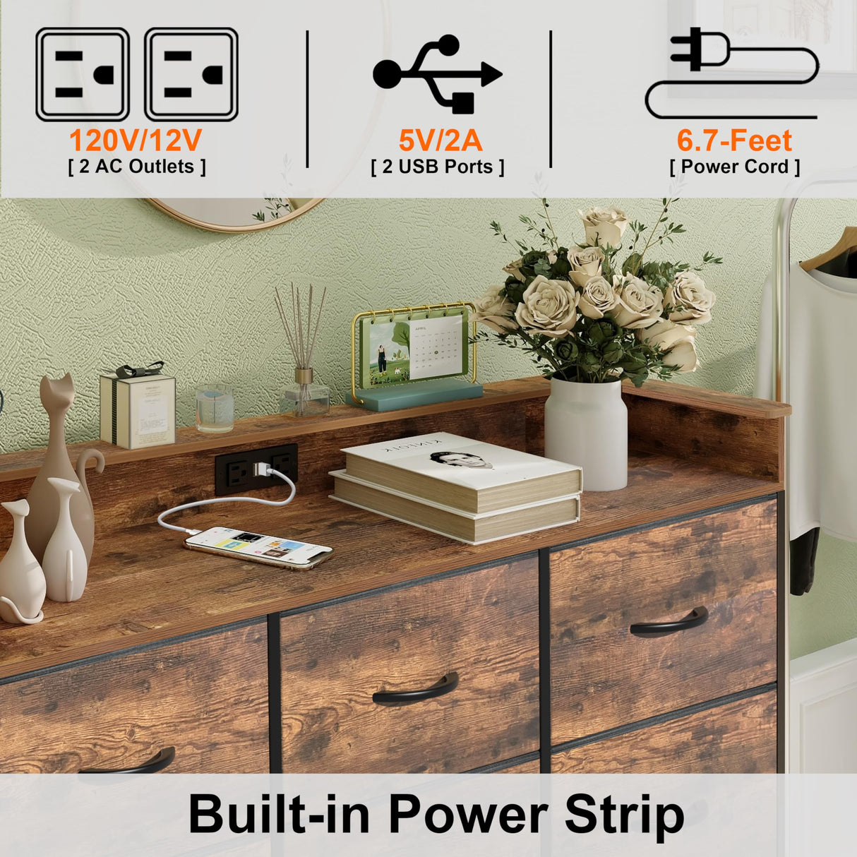 Welfuturer Dresser for Bedroom with 12 Drawers Clothes Dresser with Charging Station and LED Light Fabric Storage Tower for Living Room Hallway Closet Sturdy Steel Frame Wooden Top Rustic Brown Welfuturer