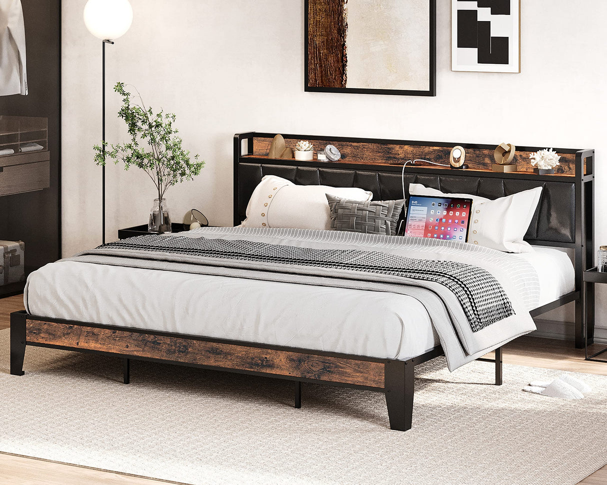 LIKIMIO Vintage Brown King Bed Frame with Storage Headboard and Charging Station LIKIMIO
