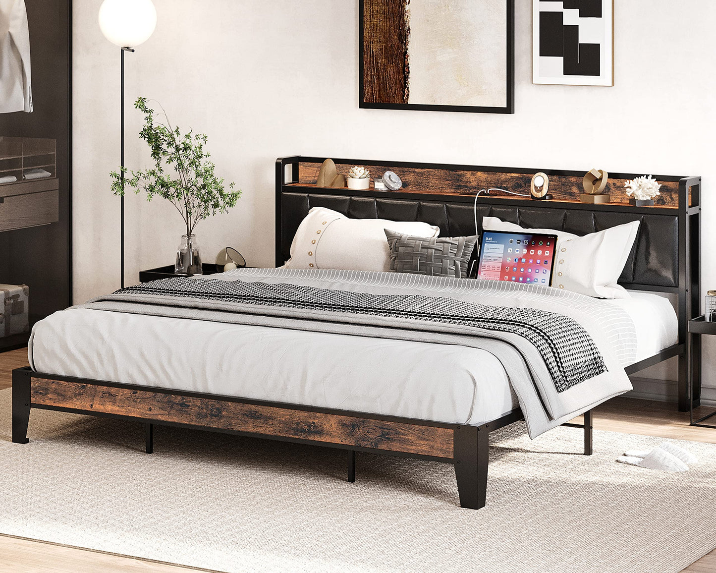 LIKIMIO King Bed Frame, Storage Headboard with Charging Station, Solid and Stable, Noise Free, No Box Spring Needed, Easy Assembly (Vintage and