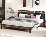 LIKIMIO Vintage Brown King Bed Frame with Storage Headboard and Charging Station LIKIMIO