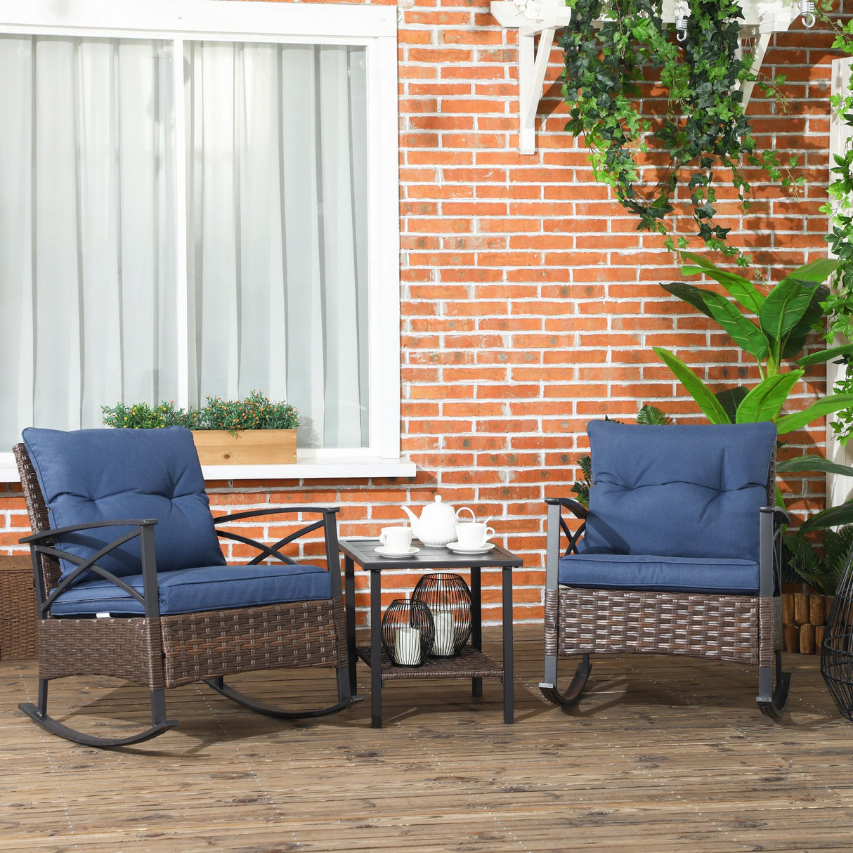 Outsunny 3 Piece Patio Rocking Chair Set, Outdoor Wicker Bistro Set with 2 Cushioned Porch Rockers and 2 Tier Coffee Table for Garden, Porch, Backyard, Dark Blue Outsunny