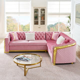 KEIKI 106" L-Shaped Luxury Velvet Chesterfield Sectional Sofa with Gold Stainless Steel Accents and 5 Pillows, Mid-Century Oversized 5-Seater Button Tufted Couch, Easy Assembly, for Living Room, Pink KEIKI