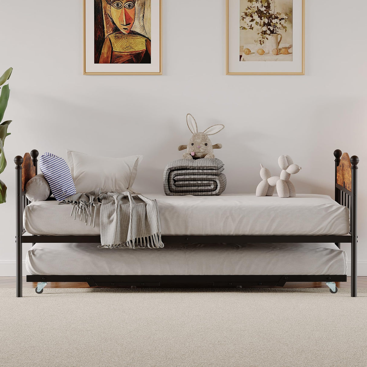 Daybed with Trundle, Sturdy Metal Twin Size Day Bed with Stylish Headboard, Height Adjustable Trundle Bed Twin, Heavy Duty Steel Slats Platform for Living Room, Bedroom and Guest Room, Brown GarveeHome
