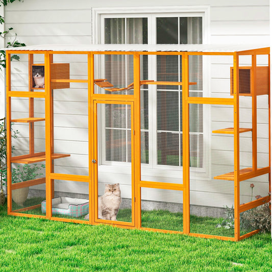 COZIWOW Catio Outdoor Cat Enclosure Window Catios for Indoor Cats Outside Patio Wooden Cattery with Large Door, Walks, Waterproof Roof, Resting Box, 104" L Extra Wide, Orange