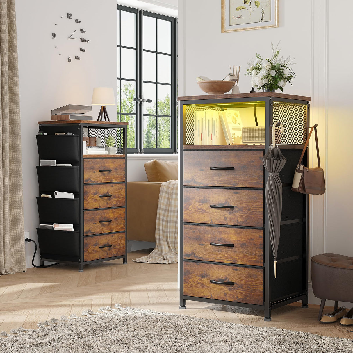 Dresser for Bedroom with Charging Station & LED Lights, 4 Storage Drawers with Side Pockets, Dressers & Chests of Drawers, Fabric Dresser Organizer Unit for Bedroom, Closet, Hallway, Entryway, Brown EnHomee